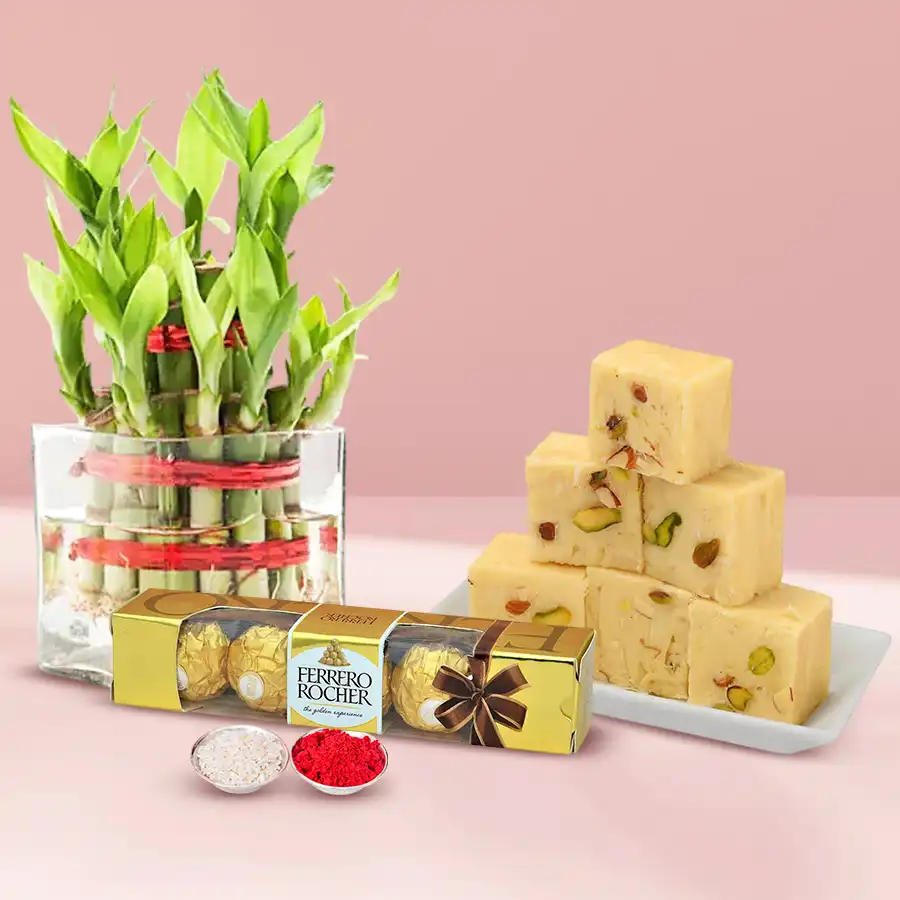 Two-tier bamboo plant with Haldirams Soan Papdi and Ferrero Rocher chocolates for Bhai Dooj celebration.