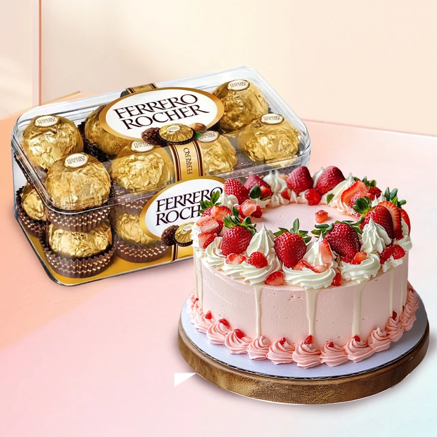 Tasty Strawberry Cake with Ferrero Rocher chocolates for birthdays.