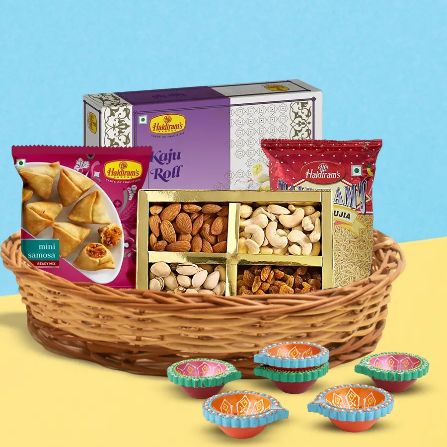 Wonderful Goodies Combo for Diwali with assorted treats and diyas.