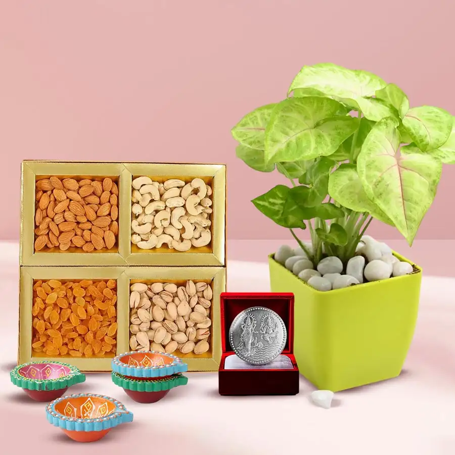 Diwali gift combo featuring a Syngonium plant, dry fruits, mud diyas, and a silver-plated Ganesh Laxmi coin.
