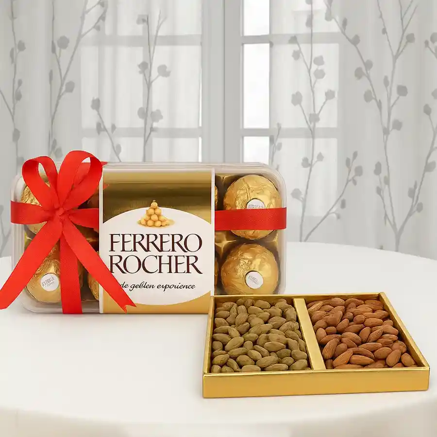 Sweet Treats for Mom featuring Ferrero Rocher chocolates and assorted dry fruits.