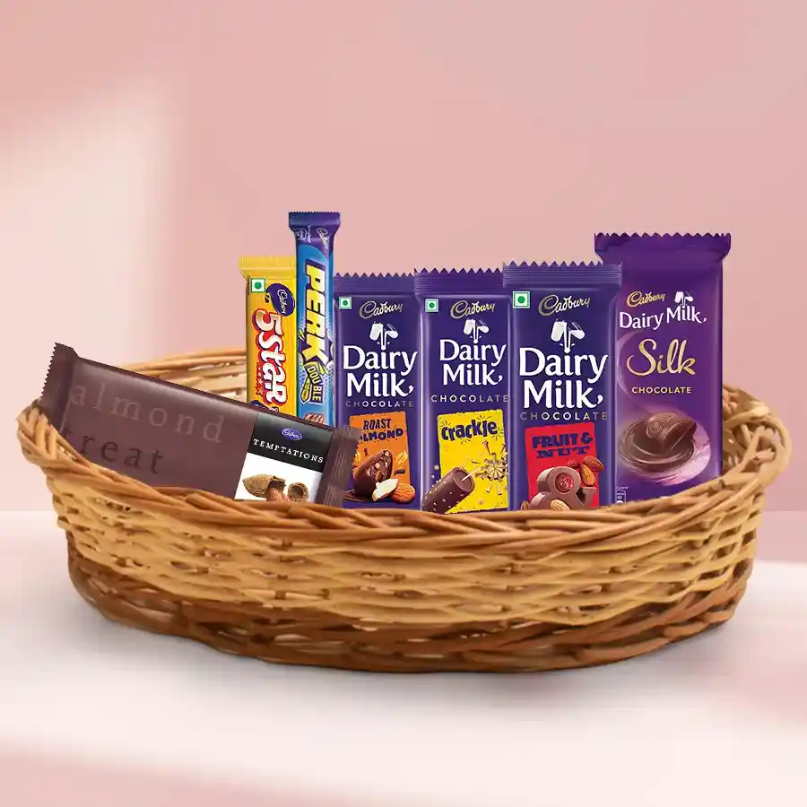 A delightful Cadbury chocolate basket featuring assorted flavors perfect for Mother's Day gifting.