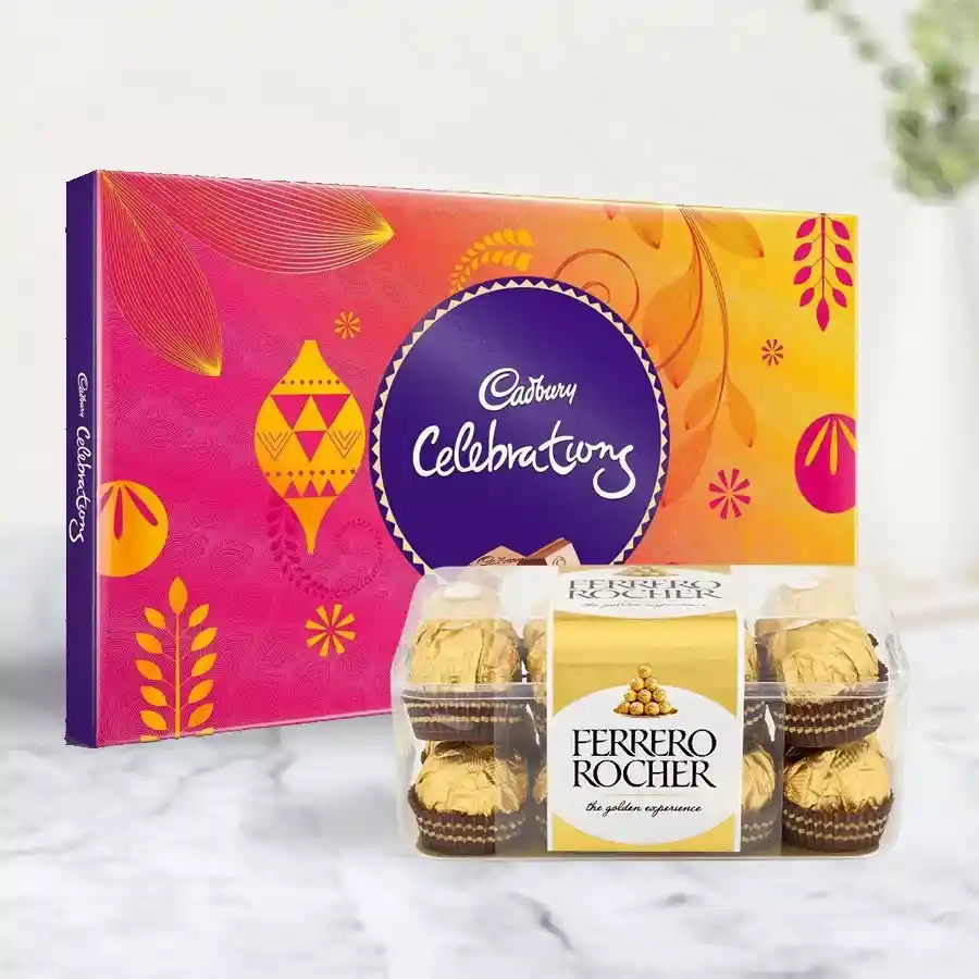 Chocolate Duo Gift for Mom featuring Ferrero Rocher and Cadbury Dairy Milk.