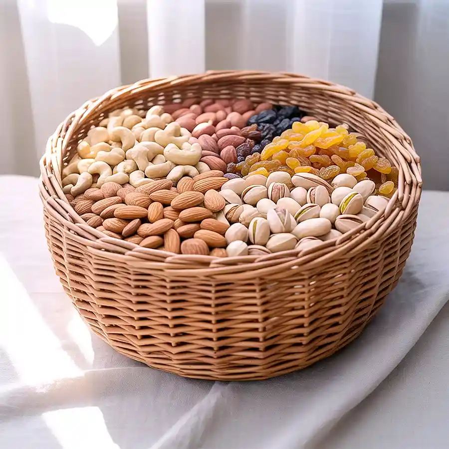Nutty Mother's Day Health Basket featuring assorted dried fruits and nuts for immunity boosting.