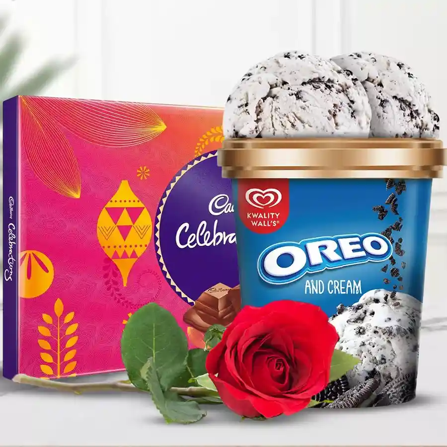 Sweet Love Bundle featuring Cadbury chocolate, Oreo ice cream, and a red rose for Karwa Chauth celebration.