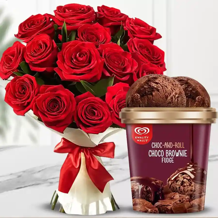 A tub of Luscious Choco Brownie Fudge Ice Cream and a bouquet of 12 red roses for Karwa Chauth celebration.
