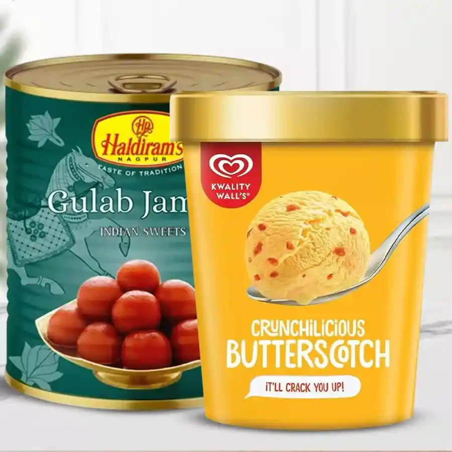 Delightful Gulab Jamun and Butterscotch Ice Cream gift combo for Karwa Chauth.