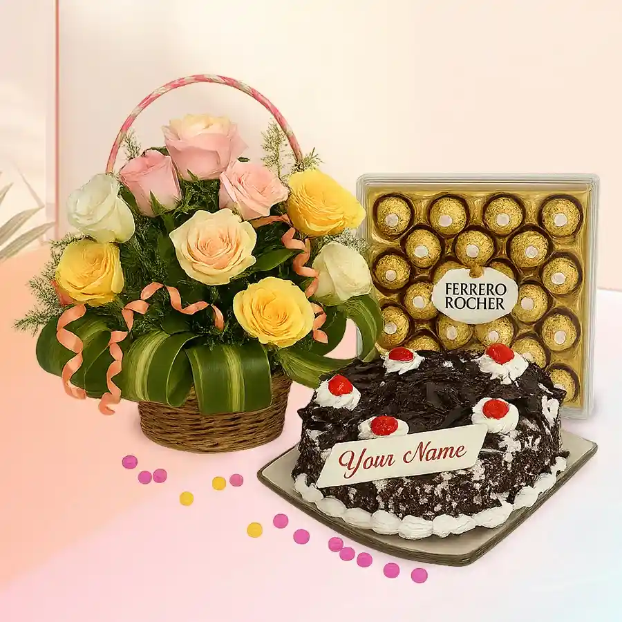 A basket filled with 24 colorful roses, a round Black Forest cake, and Ferrero Rocher chocolates, ideal for gifting on special occasions.