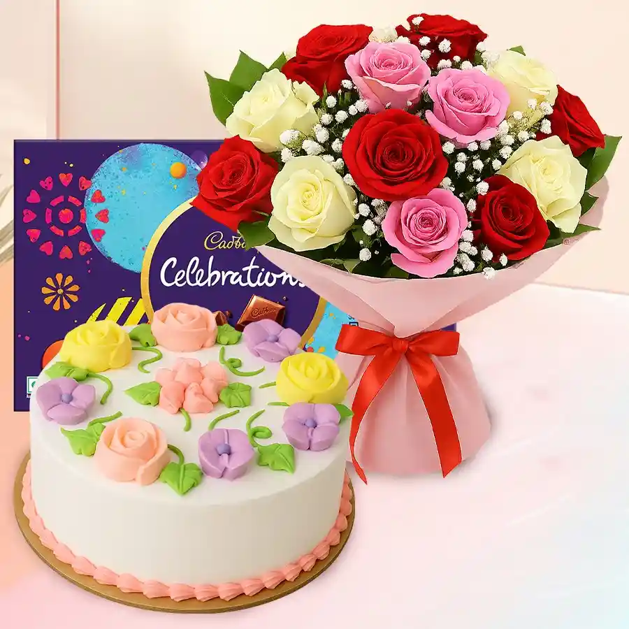 A vibrant bouquet of 18 mixed roses with a round vanilla cake and Cadbury chocolates, perfect for celebrations and special moments.