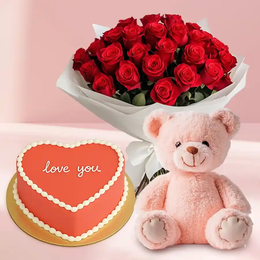 Impressive bunch of red roses, heart-shaped chocolate cake, and a pink teddy bear gift set.
