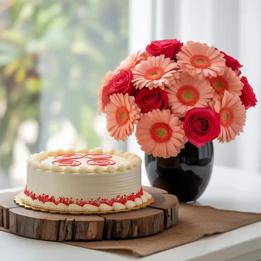 A beautiful bouquet of mixed pink roses and gerberas alongside a round red velvet cake, ideal for special occasions.