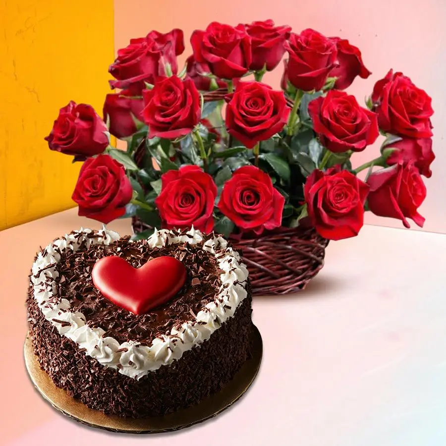 A beautiful basket filled with 25 red roses and a round Black Forest cake topped with a red heart.