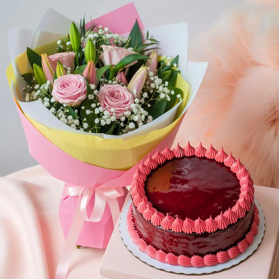 Chic Pink Floral Bouquet with 24 Roses and 5 Lilies paired with a 1kg Round Red Velvet Cake.