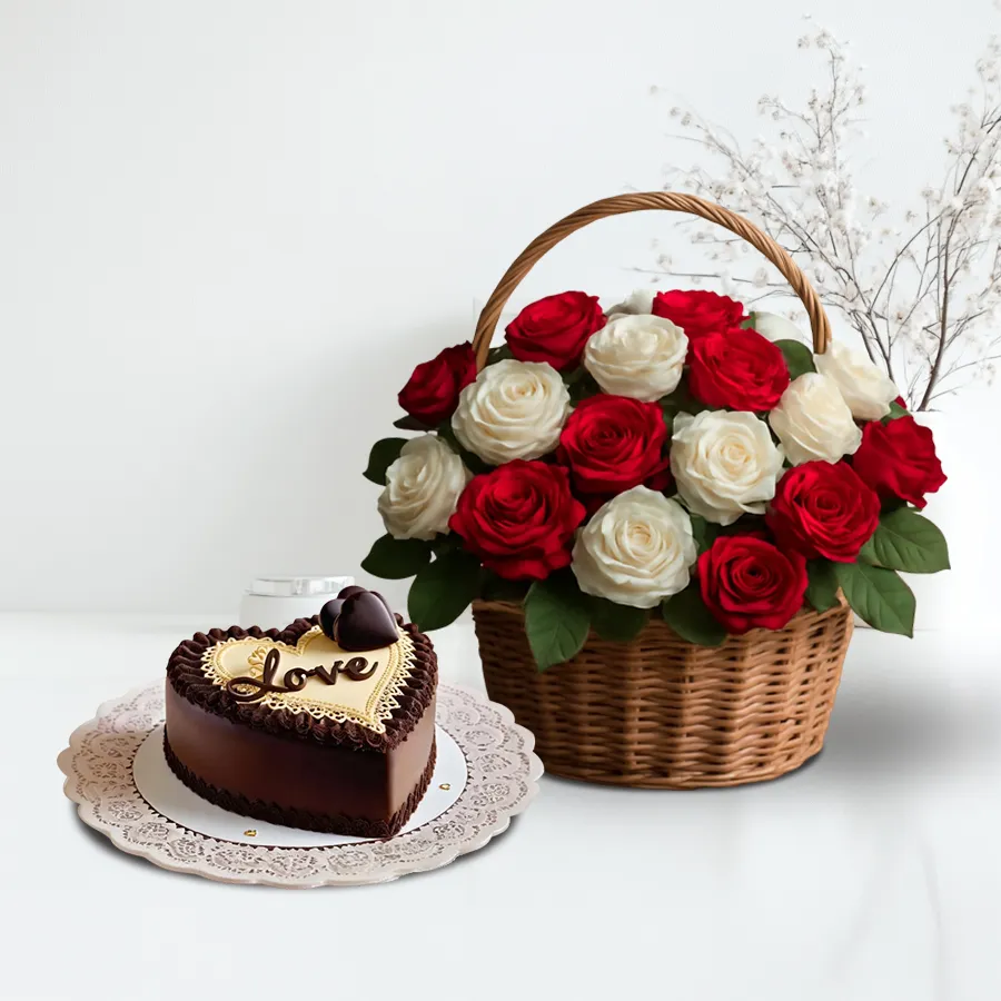 A beautiful basket featuring 75 assorted roses in red and white alongside a heart-shaped chocolate cake with the inscription "Love U."