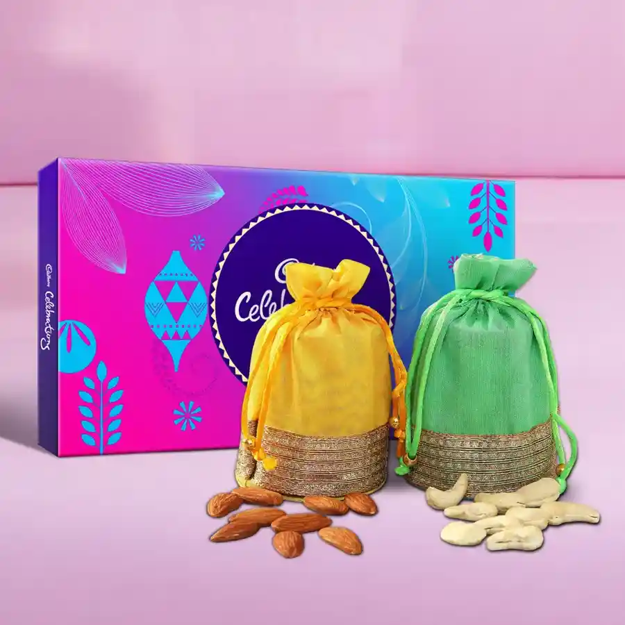 Irresistible Dry Fruit Potli with Cadbury Celebration Chocolate Pack showcasing assorted dry fruits and chocolates.
