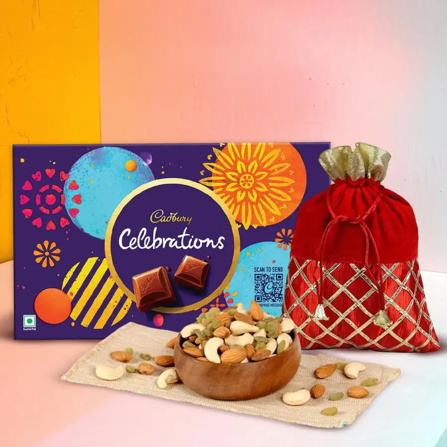 Exquisite Dry Fruits Potli with Cadbury Celebrations Pack, featuring almonds, cashews, and raisins.