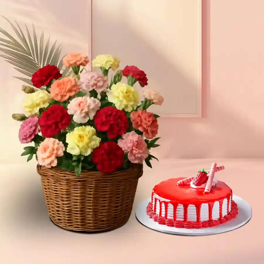 A vibrant basket with 15 mixed carnations in red and pink, paired with a round strawberry cake weighing 1/2kg.