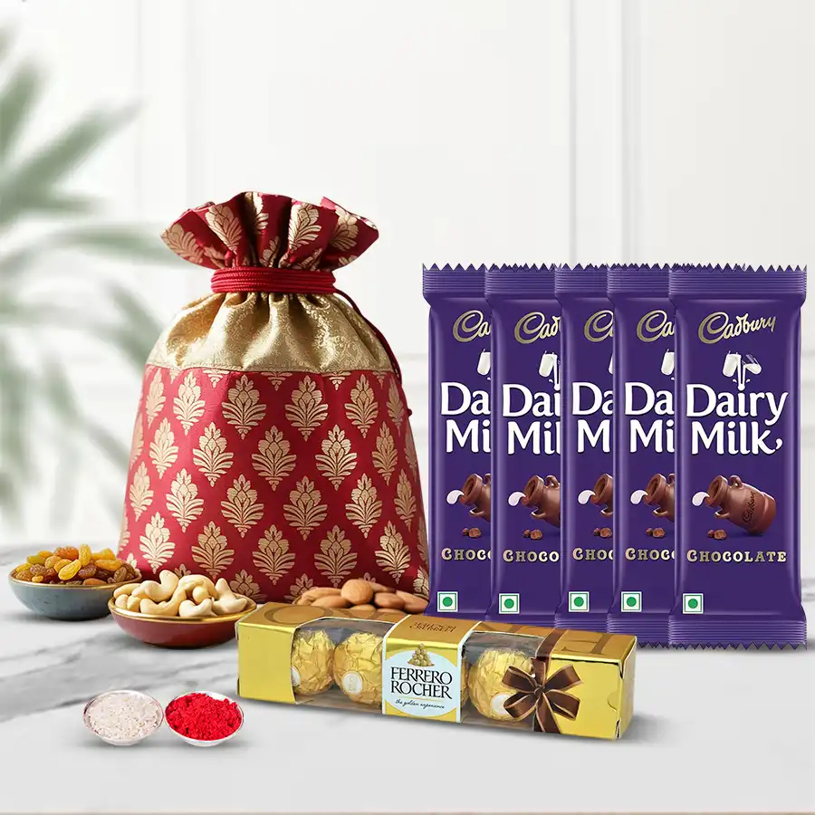 Assorted Dry Fruits Potli with Ferrero Rocher and Cadbury chocolates.