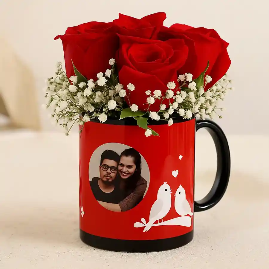 Personalized coffee mug featuring five red roses design.