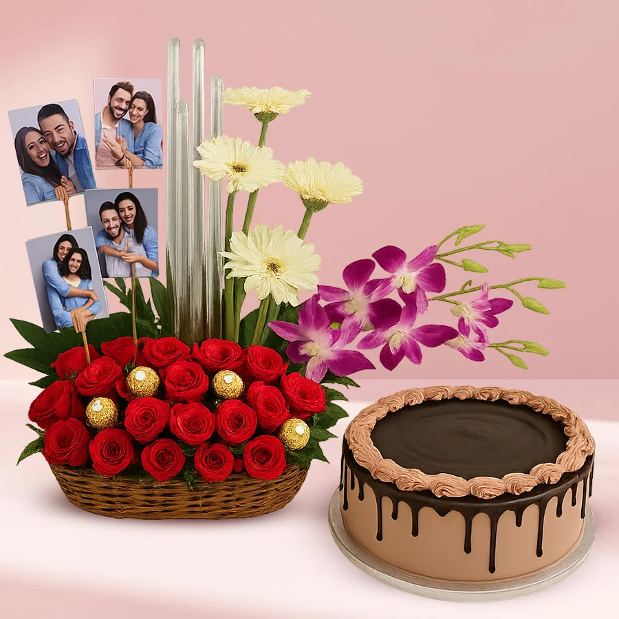 A vibrant basket filled with red roses, orchids, white gerberas, Ferrero Rocher chocolates, personalized photos, and a chocolate cake.