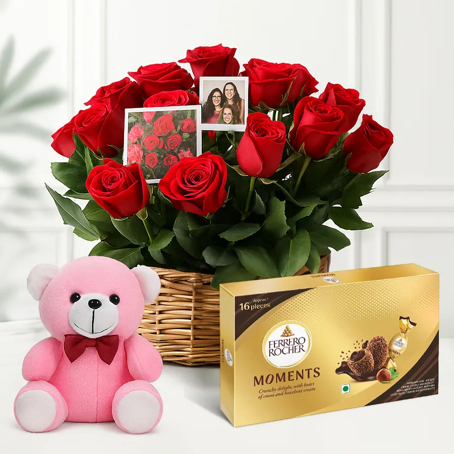 Heartfelt arrangement featuring red roses, personalized photos, a teddy bear, and Ferrero Rocher chocolates.
