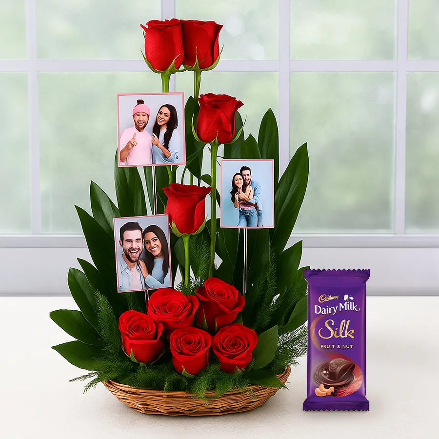 Custom basket featuring red roses, personalized photos, and Cadbury chocolate.