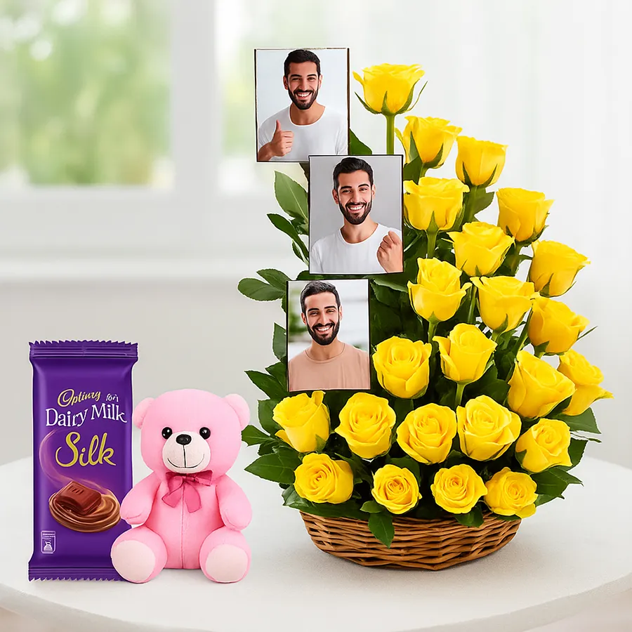 Whimsical Rose Basket with yellow roses, personalized photos, a teddy bear, and Cadbury Silk chocolate.