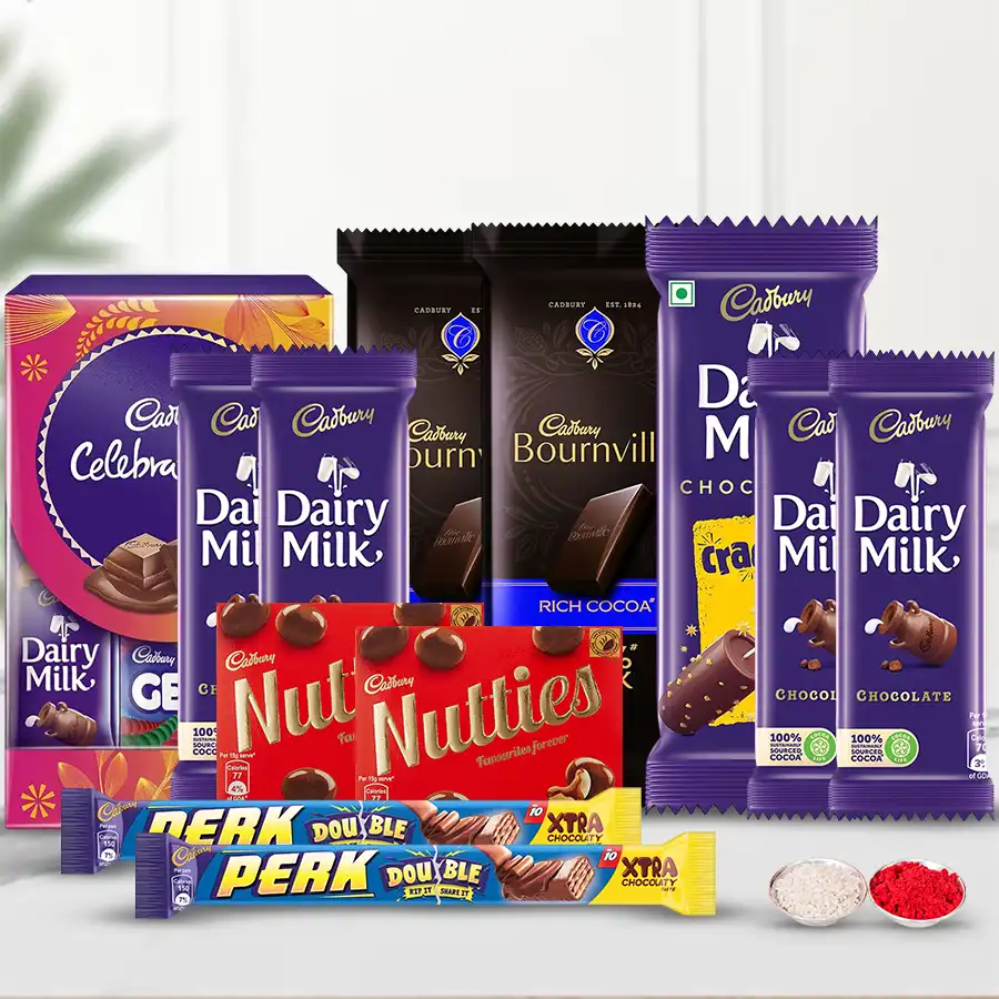Lip Smacking Cadbury Chocolate Gift Hamper filled with assorted treats.