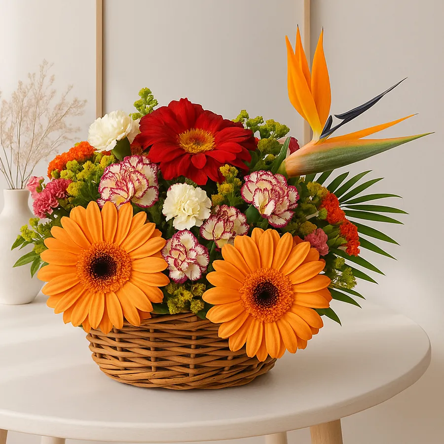 Charming basket arrangement featuring 6 carnations and 6 gerberas, perfect for gifting.