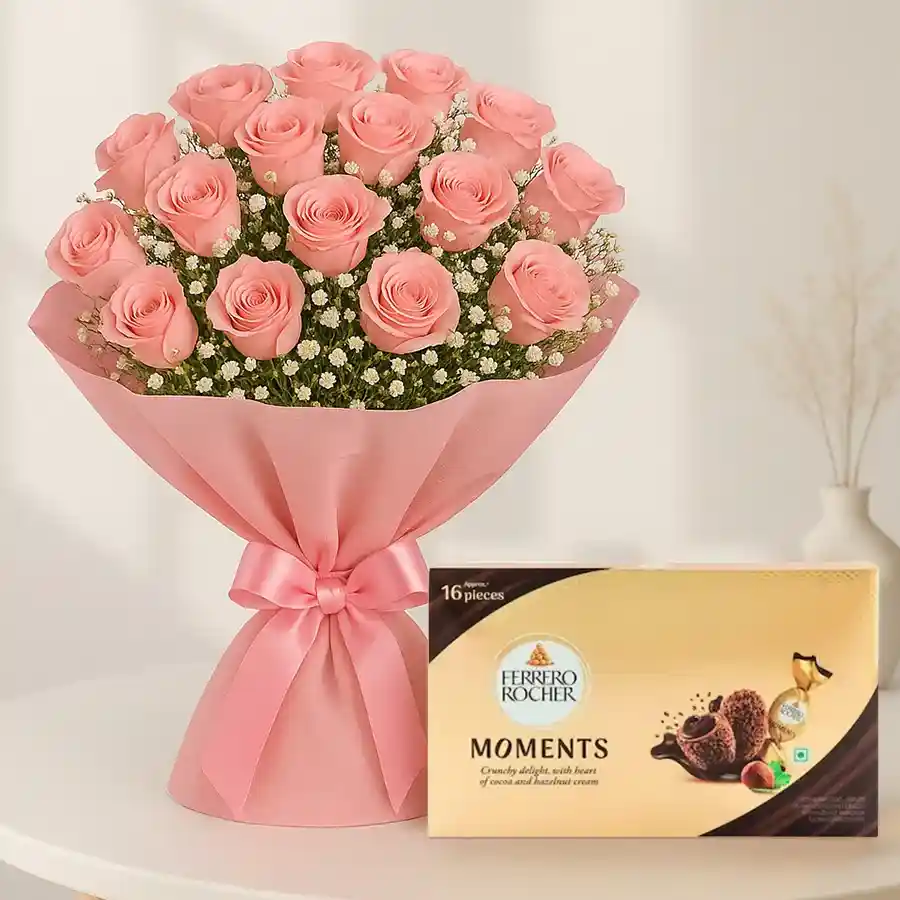 Bouquet of 100 pink roses paired with 16 Ferrero Rocher chocolates.
