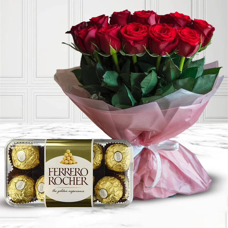 A lovely combo of 12 red roses and 16 Ferrero Rocher hazelnut chocolates, perfect for expressing love and affection.