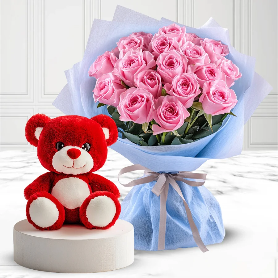 A beautiful bouquet of 24 pink roses alongside a Red and White Teddy with "Love You" inscription, conveying heartfelt emotions.