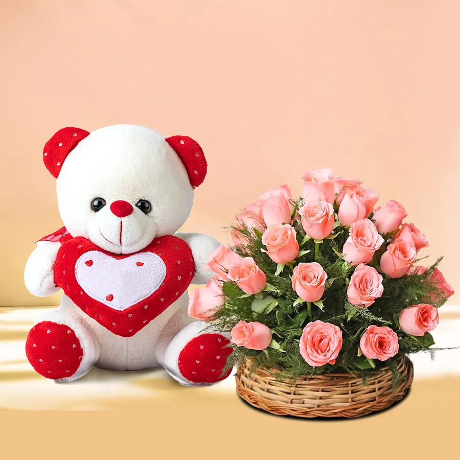 Lovely pink roses basket accompanied by a cute pink teddy bear.