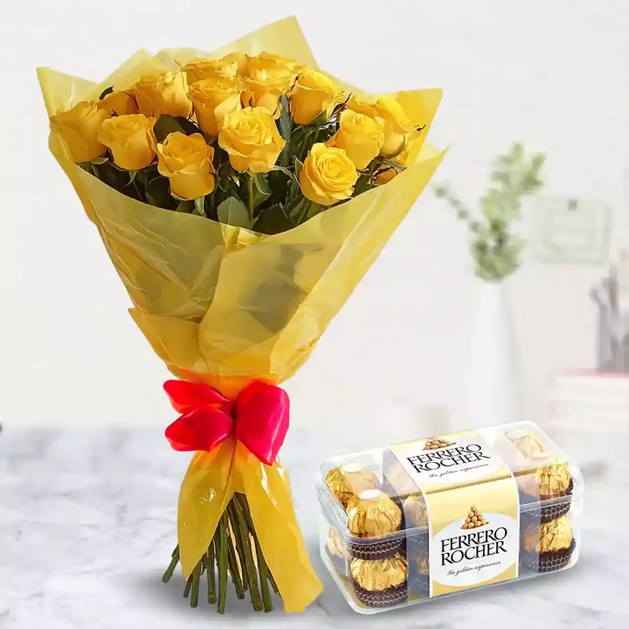 A stunning combo of 24 yellow roses and a box of 16 Ferrero Rocher chocolates, perfect for celebrating special moments.