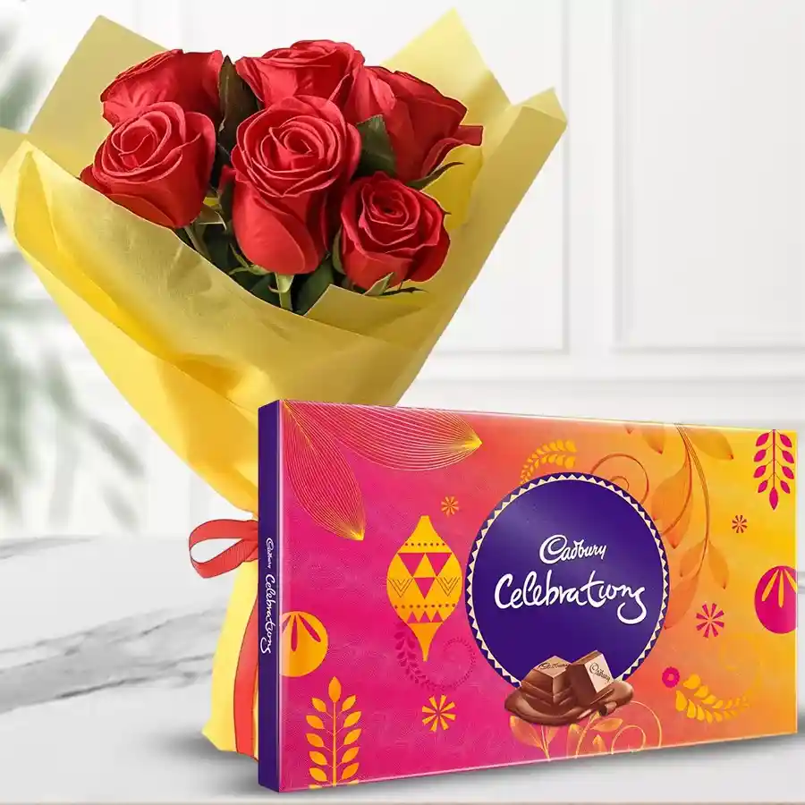Mesmerizing Red Roses with Cadbury Celebrations Chocolate Pack