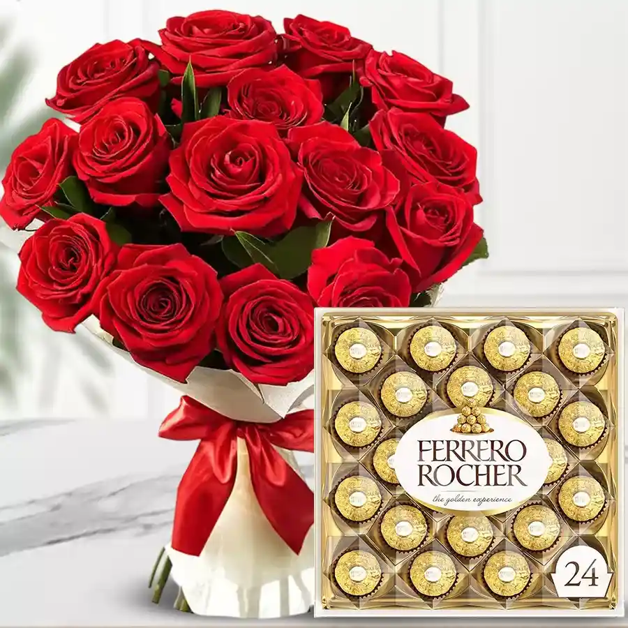 Delightful combo of 12 red roses and Ferrero Rocher chocolates box for an unforgettable gift.