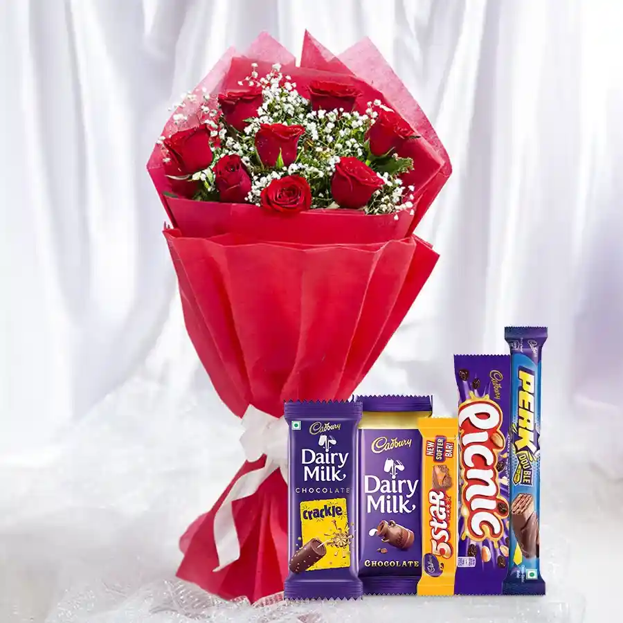A beautiful bouquet of red roses paired with assorted chocolates, perfect for expressing heartfelt wishes to moms.