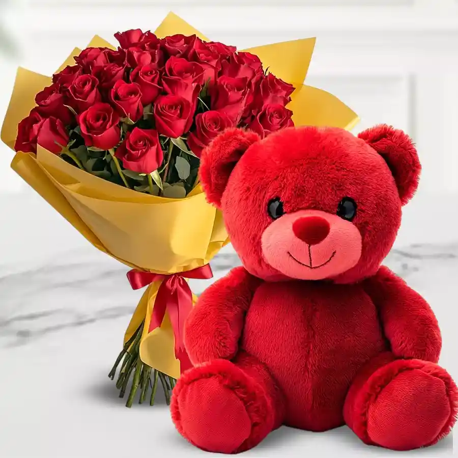 A beautiful bouquet of 36 red roses with a soft 12-inch red teddy bear, perfect for expressing love and affection.