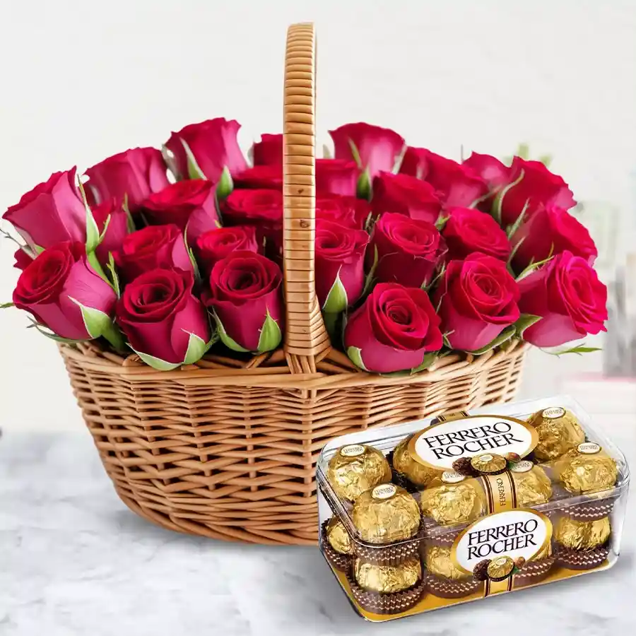Basket containing 30 red roses and 16 Ferrero Rocher chocolates with a handle.