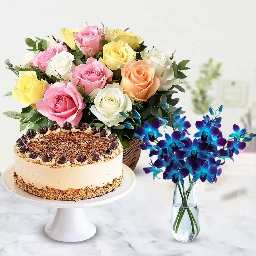 A stunning gift combo featuring blue orchids in a vase, a basket of vibrant roses, and a slice of butterscotch cake.