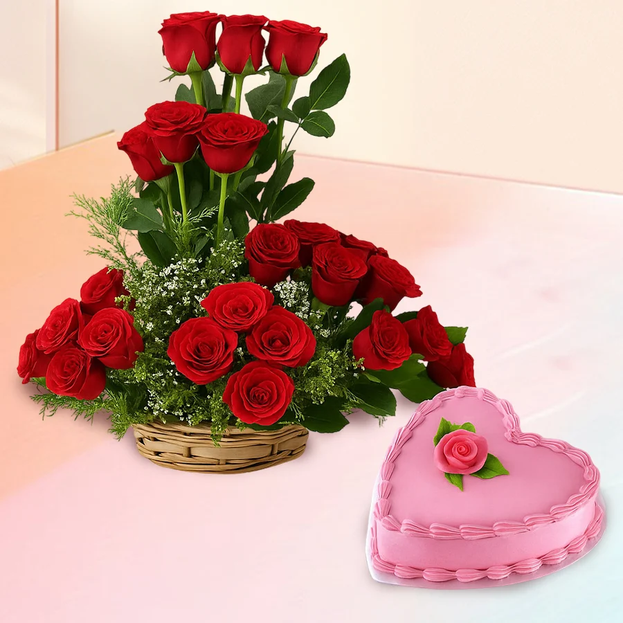 A beautiful basket of 48 red roses alongside a heart-shaped strawberry cake, ideal for expressing heartfelt emotions.