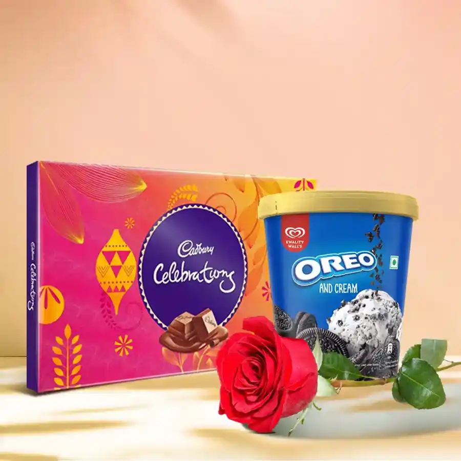 A delightful gift set featuring Cadbury Celebration chocolates, Kwality Walls Oreo ice cream, and a single red rose for special occasions.