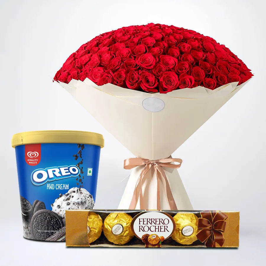 Elegant red roses bouquet with Oreo ice cream and Ferrero Rocher chocolates.
