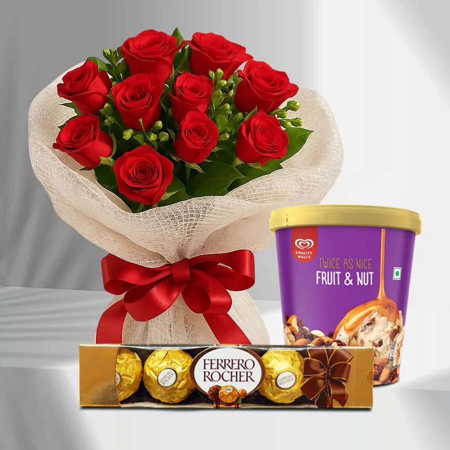 Luminous red roses bouquet with Kwality Walls ice cream tub and Ferrero Rocher chocolates.