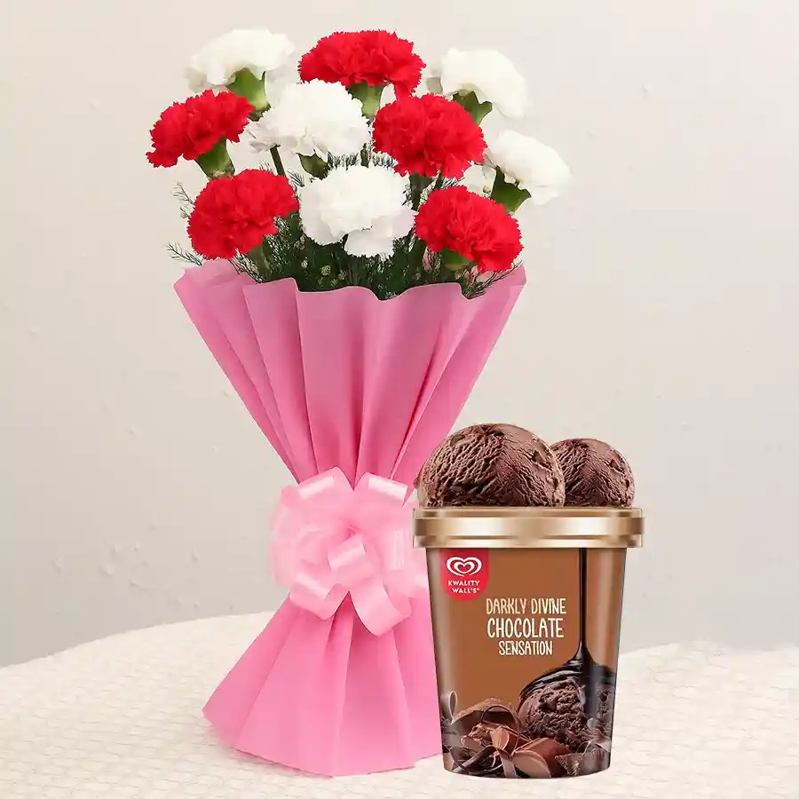 A bouquet of eight assorted carnations with a tub of chocolate ice cream from Kwality Walls, perfect for Mother's Day gifting.