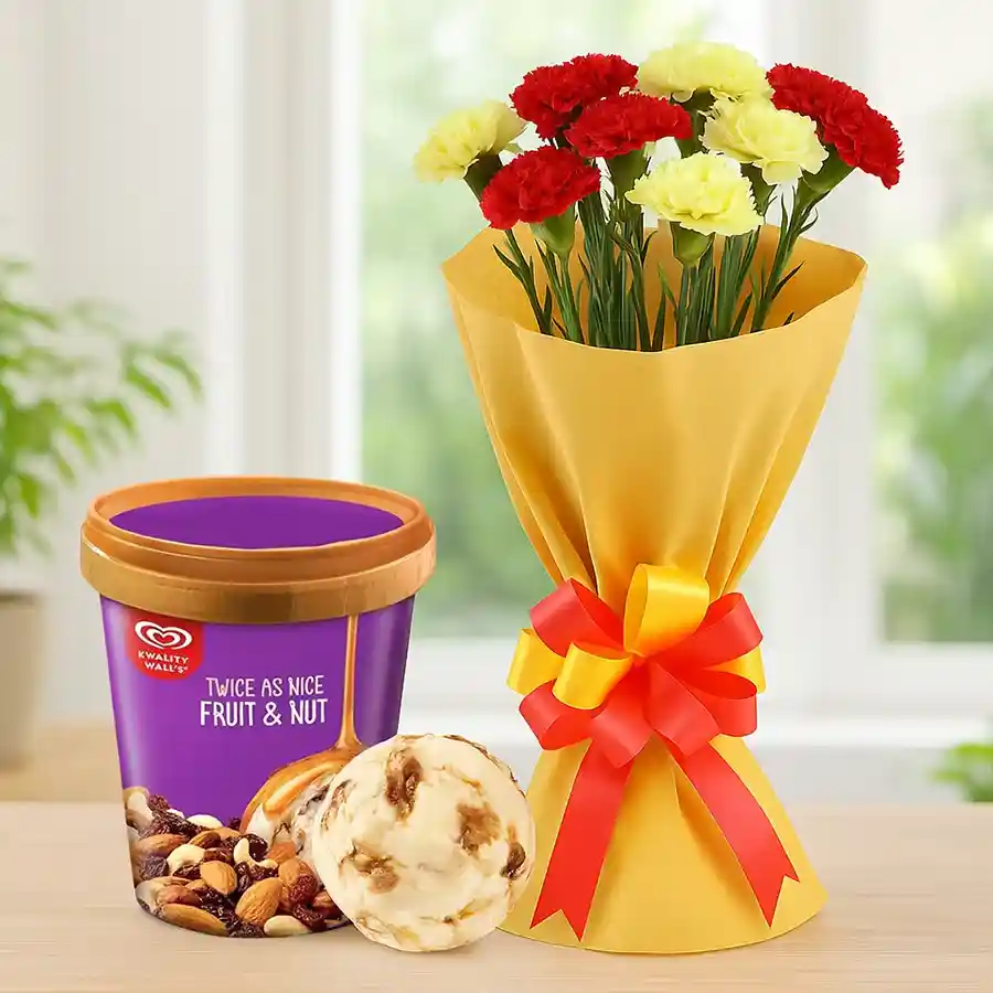 Lovely assorted carnations bouquet paired with Kwality Walls Fruit n Nut Ice-Cream for Mother's Day celebration.