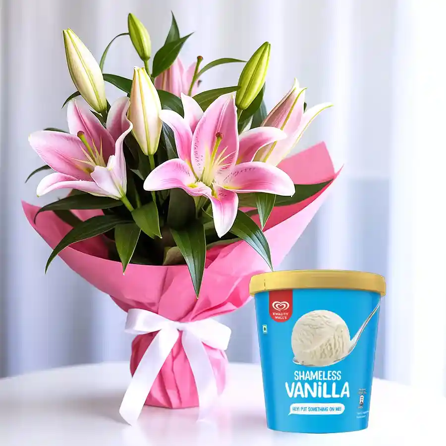 A beautiful bouquet of pink lilies paired with a tub of Kwality Walls vanilla ice cream, perfect for celebrating Mother's Day.