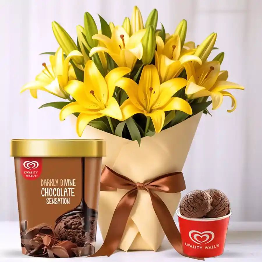 A vibrant bouquet of 12 yellow lilies alongside a tub of chocolate ice cream from Kwality Walls, perfect for Mother's Day gifting.