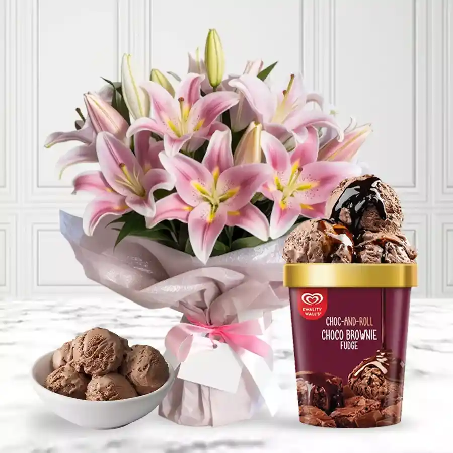 Stunning bouquet of pink lilies with a tub of Choco Brownie Fudge Ice Cream from Kwality Walls, perfect for Mother's Day celebrations.