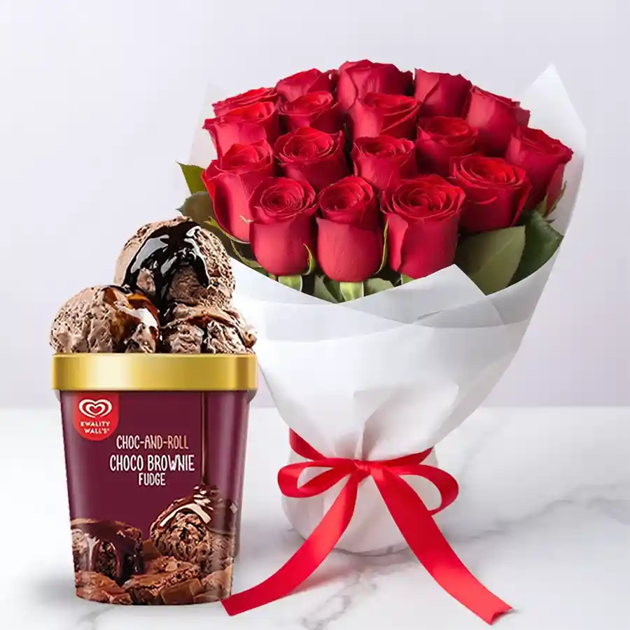 A bouquet of 10 red roses alongside Choco Brownie Fudge Ice Cream from Kwality Walls, symbolizing love and appreciation for Mom.